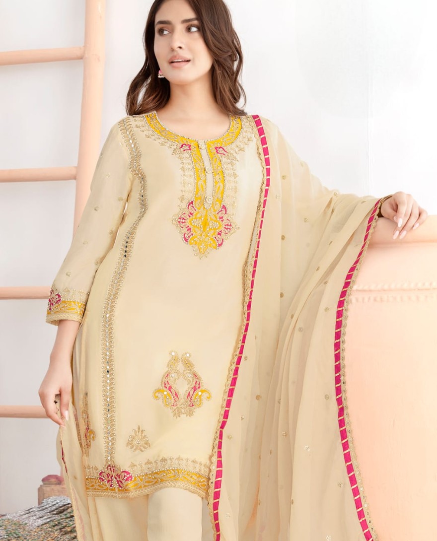 WHITE - Cream Embroidered Chinnon Pant Kameez for Festival